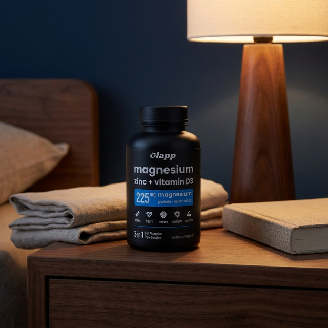 Magnesium Zinc Vitamin D3 bottle on nightstand, part of the Train and Recover Stack