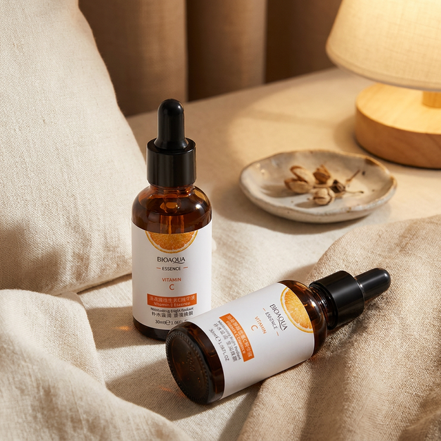 Vitamin C essence bottle on a serene nightstand with soft lamp glow