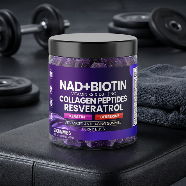 NAD and biotin gummies bottle on a gym bench in crisp directional light