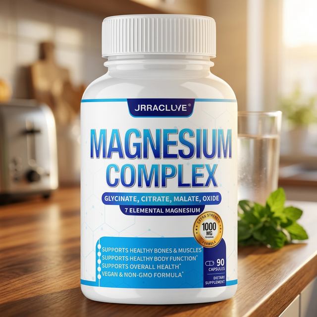 Blood sugar support vitamin capsules bottle on a wooden kitchen counter in warm morning light