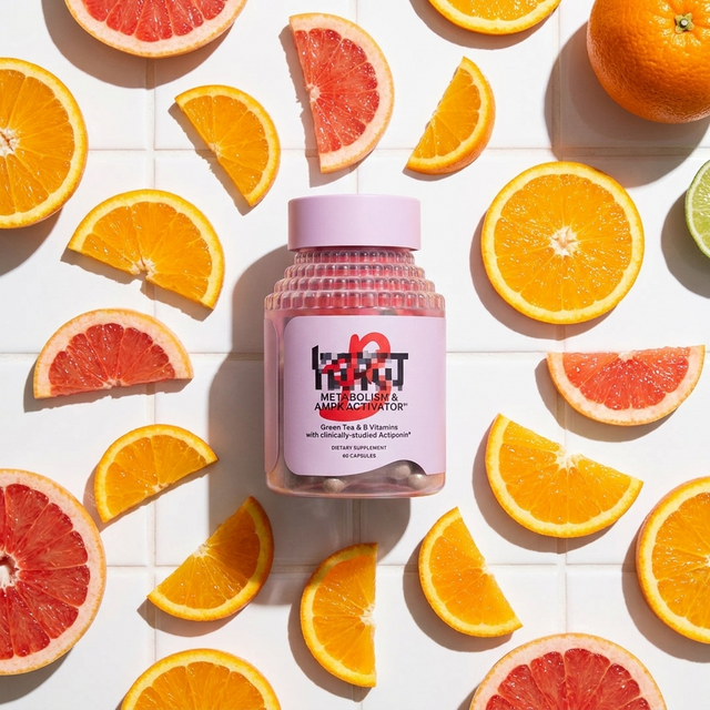 Probiotic Vitamin C capsules flat-lay with citrus, part of the Gut Health Duo