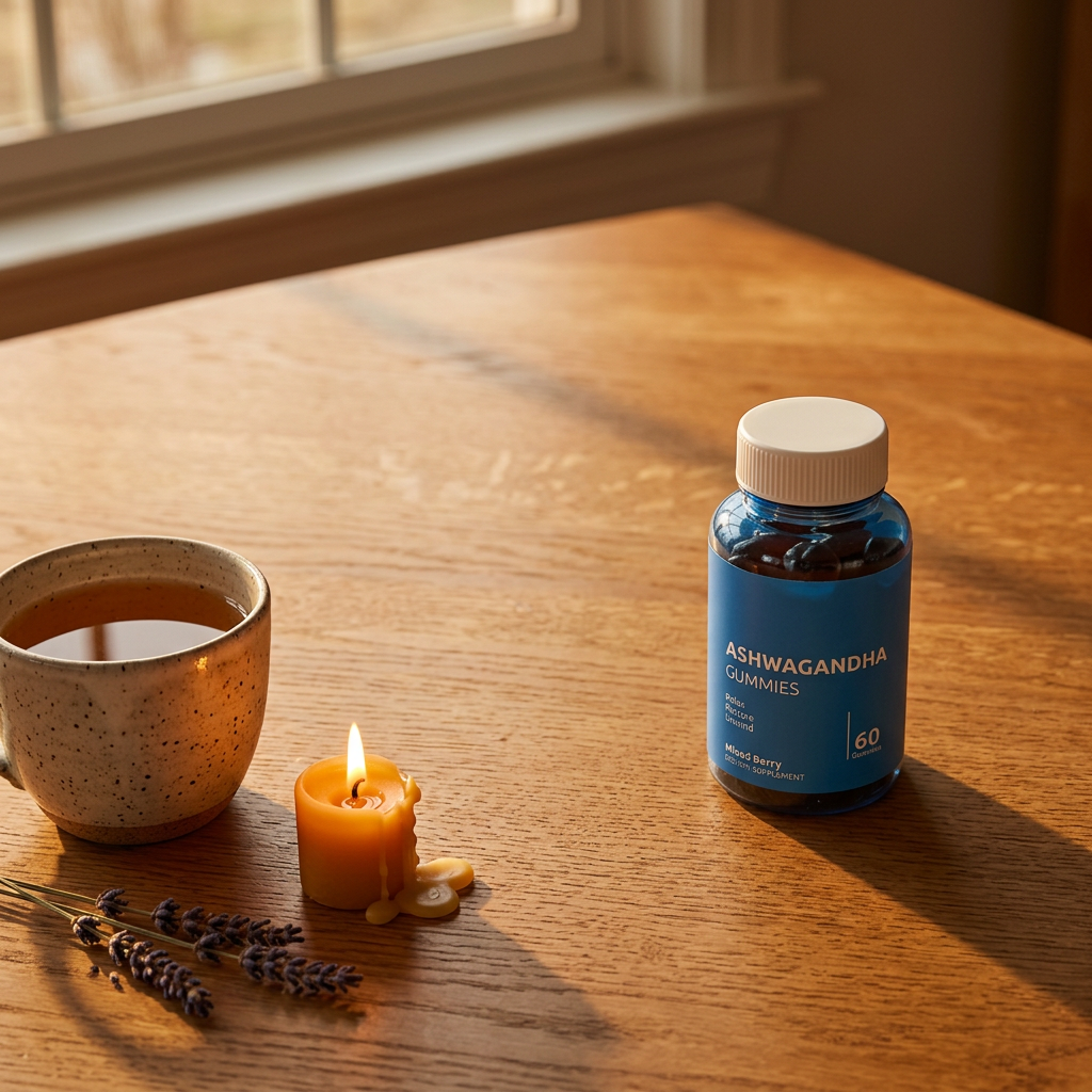 Ashwagandha Vitamin Gummies bottle wide golden-hour scene with tea, candle and lavender