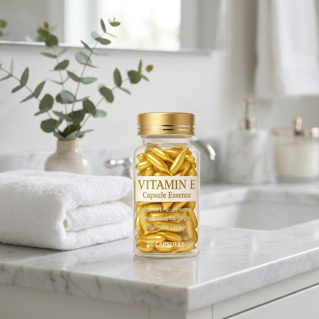 Vitamin E capsules bottle on a marble bathroom vanity in soft light