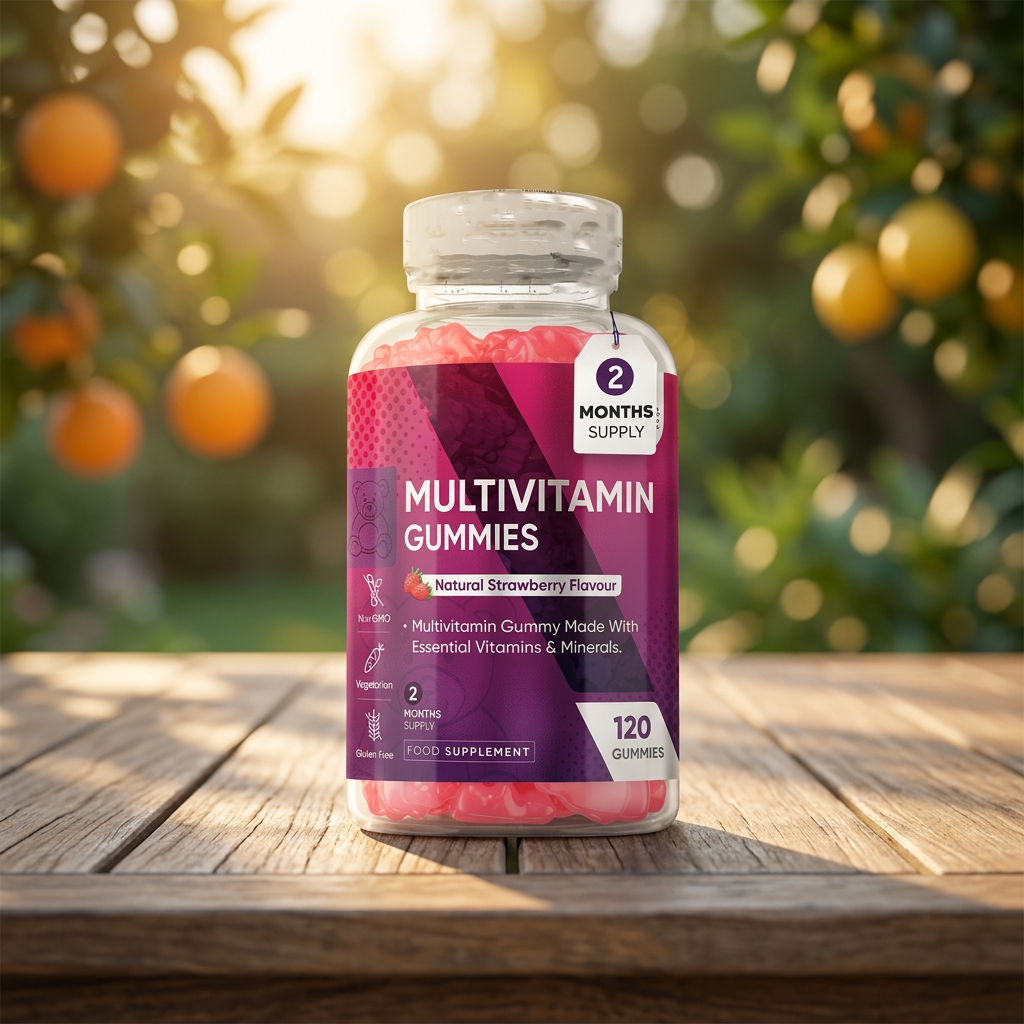 Adult multivitamin gummies bottle on an outdoor wooden table at golden hour