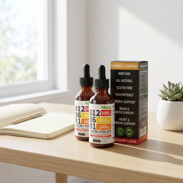 Vitamin B12 liquid drops bottle on a bright minimal desk in daylight