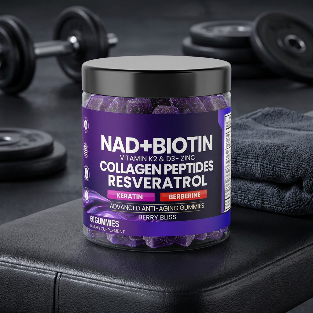 NAD and biotin gummies bottle on a gym bench in crisp directional light